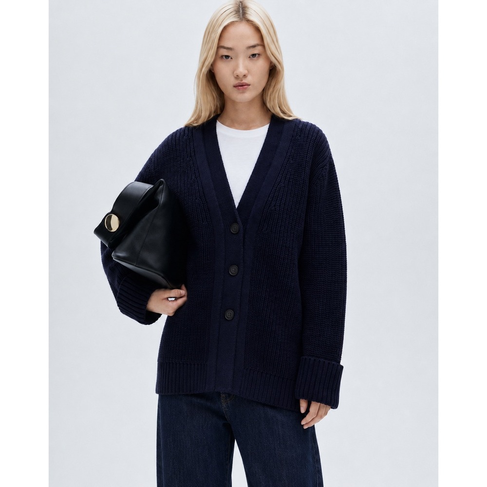 Mango MNG Navy Blue Wool Blend Ribbed Knit V-Neck Button Cardigan S NWT
